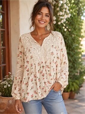 Ruff Hewn Floral Lace Boho Peasant Blouse Ivory Pink Plus Size XL A33